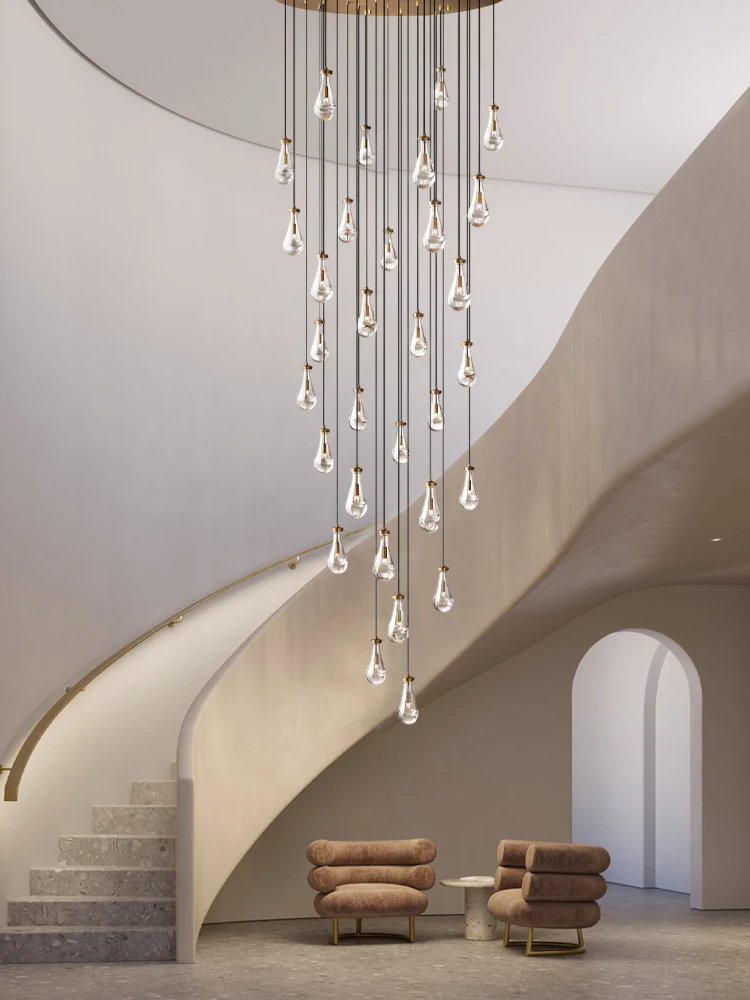Lámpara colgante de techo alto con forma de gota de agua americana, lámpara colgante de cristal, luminaria de suspensión para sala de estar y escalera