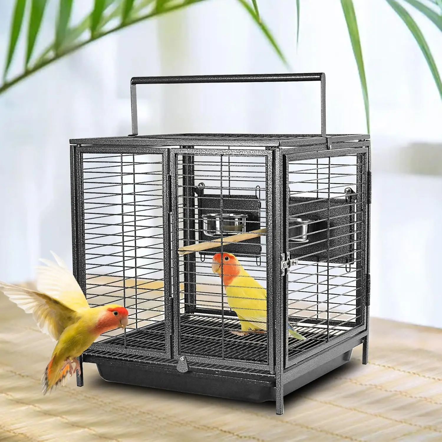 Portable Bird Travel Carrier Cage Black 19 Inch With Handle Wooden Perch,Parrot Travel Cage Medium Birds For Cockatiels,