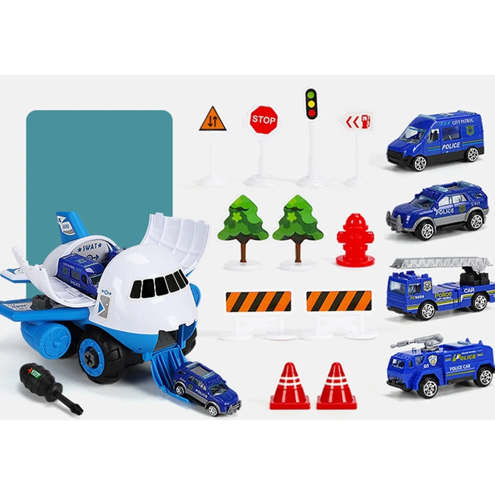 Simulation Inertia Children's Gifts Assemble Airplane Toy Large Storage Transport Aircraft with Mini Truck Car,Blue