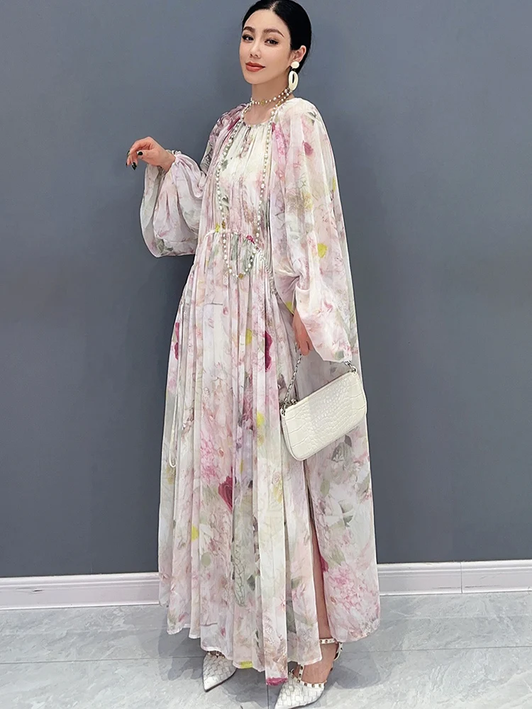 SHENGPALAE Chiffon Printed Long Dresses Loose Big Swing Elegant Fashion Chic Women\'s Dress Clothes 2024 Spring Summer New 5R9755