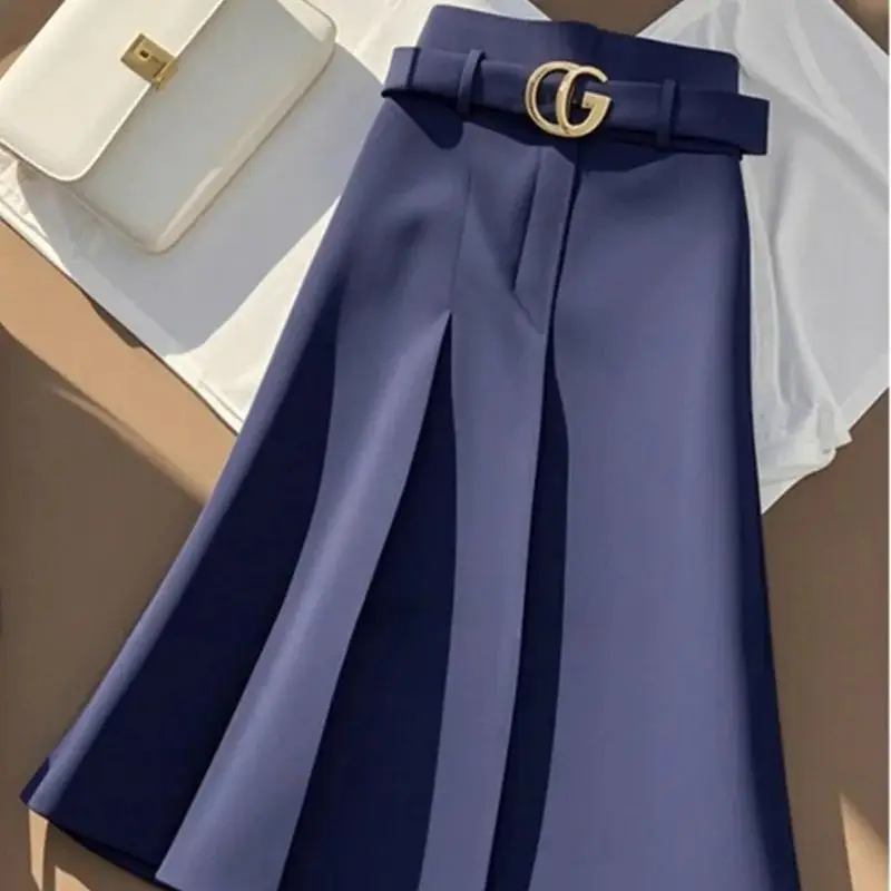 Autumn New Elegant Office Lady Skirt With Belt Women's High Waist Slim A-Line Pleated Skirt Temperament Bag Hip Midi Skirt 418P