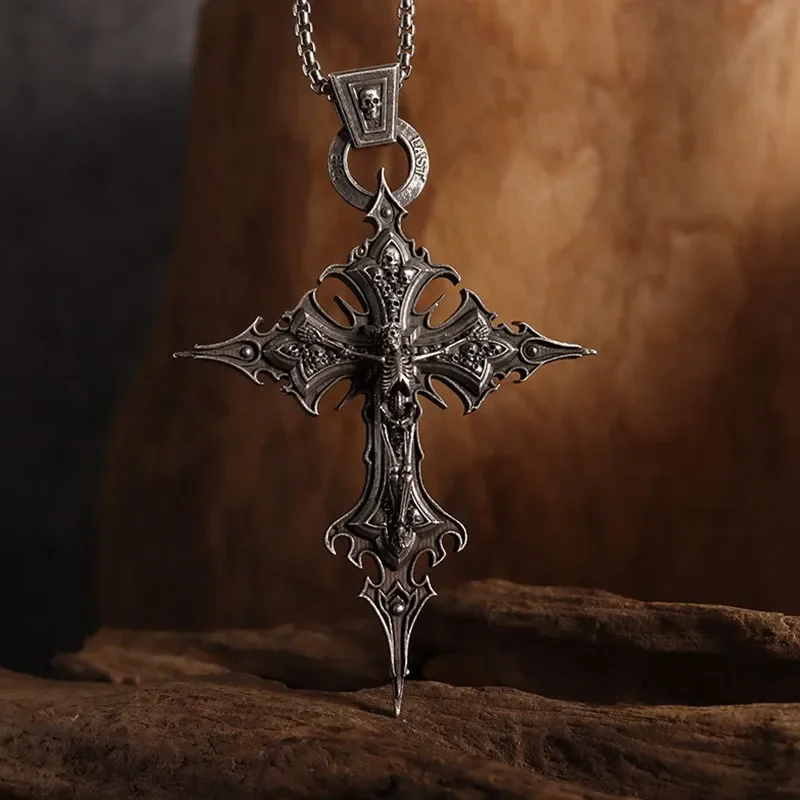 Halloween Gothic Crucifixion Skull Cross Pendant Necklace Catholic Prayer Jewelry for Men and Women Punk Trendy Jewelry