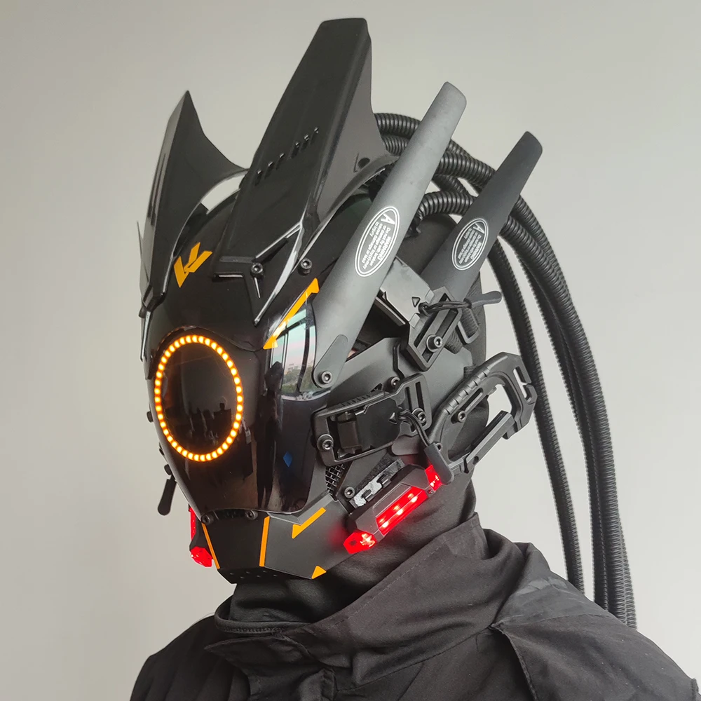 Cyberpunk Mask Round Light Braid Personalized Technology Sense Mask Cosplay Sci-Fi Outfit Party Music Festival Accessories