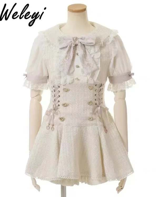 Vestido japonês de camisa doce e shorts, Lolita, Mina Gitl, Produção em massa, Laço, Manga comprida, Vestidos de coração de amor, 2 pcs terno