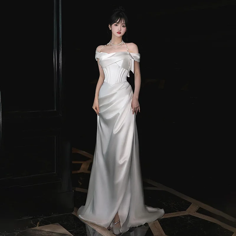 

French Bridal Wedding Dress Women Shoulder Toast Dress Engagement Dress Banquet Evening