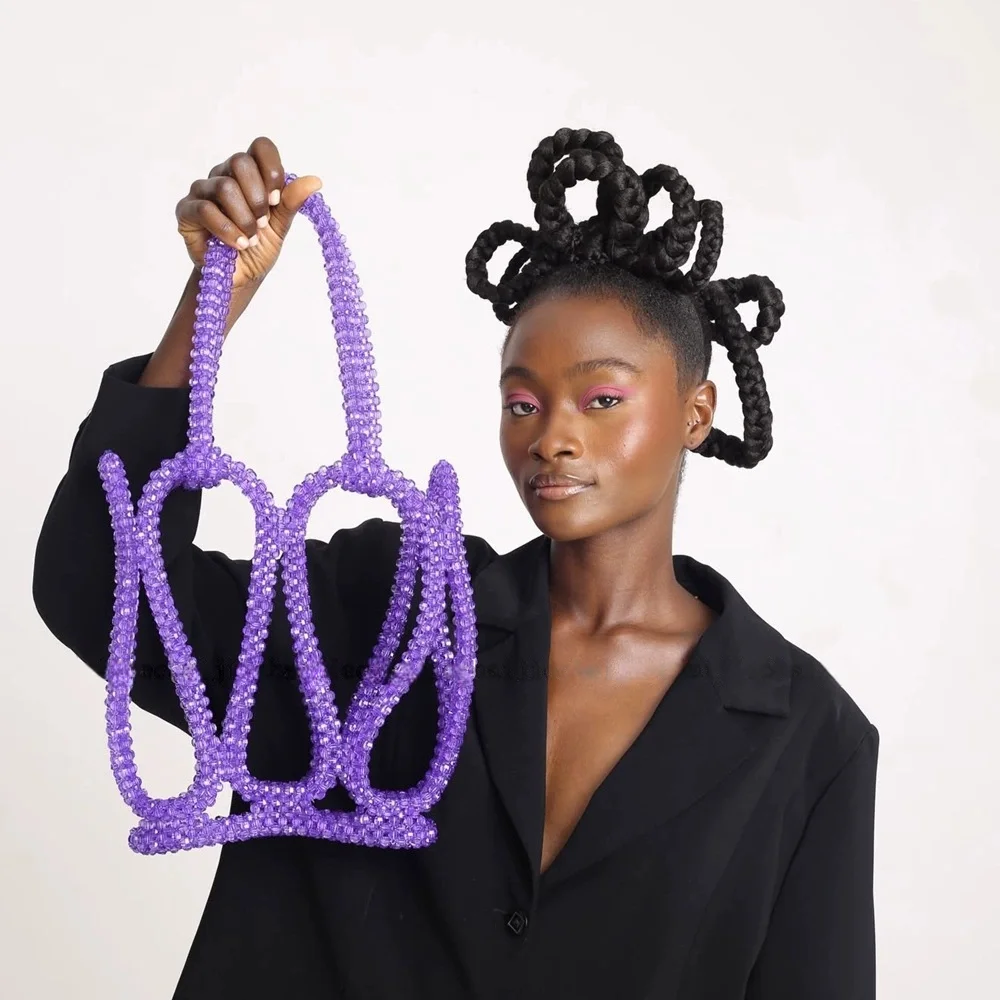 

Shiny Beads Beading Woven Handmade Bucket Bag Fashion Hollow Out Women Handbag Wedding Party Clutch Purse Shoulder Crossbody Bag