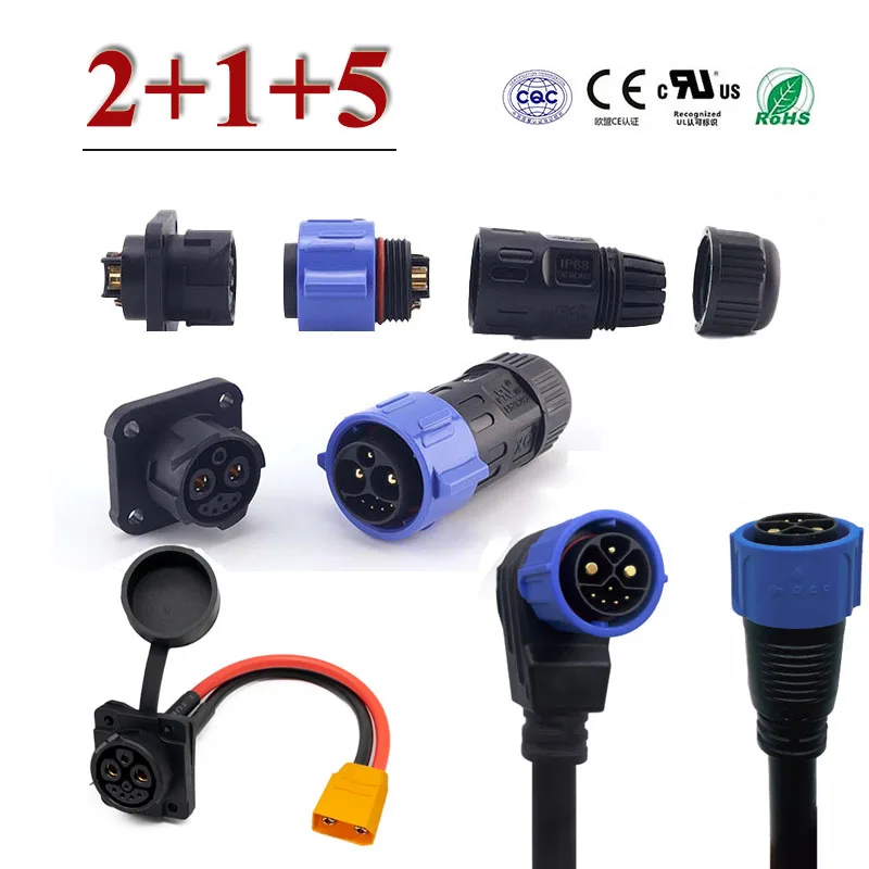 M23/M25 2+1+5 Panel‑Mount EV Charging Port Socket With XT60 Extension Cable Cover for E‑bike Scooter Power Charging Connection