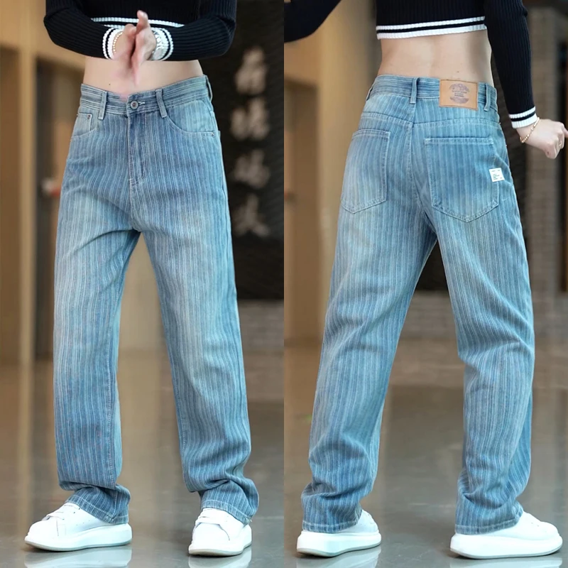 

Loose Straight American Bamboo Stripe Denim Jeans Men's Spring Autumn New Faion Brand Casual Long Pants Hong Kong Sle