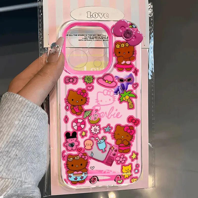 Sanrio Hello Kitty Black Skin Sexy Bow Phone Case For IPhone 16 15 14 12 13 11 Pro Max XR XS MAX 7 8 PLUS MINI Kawaii Y2K Cover