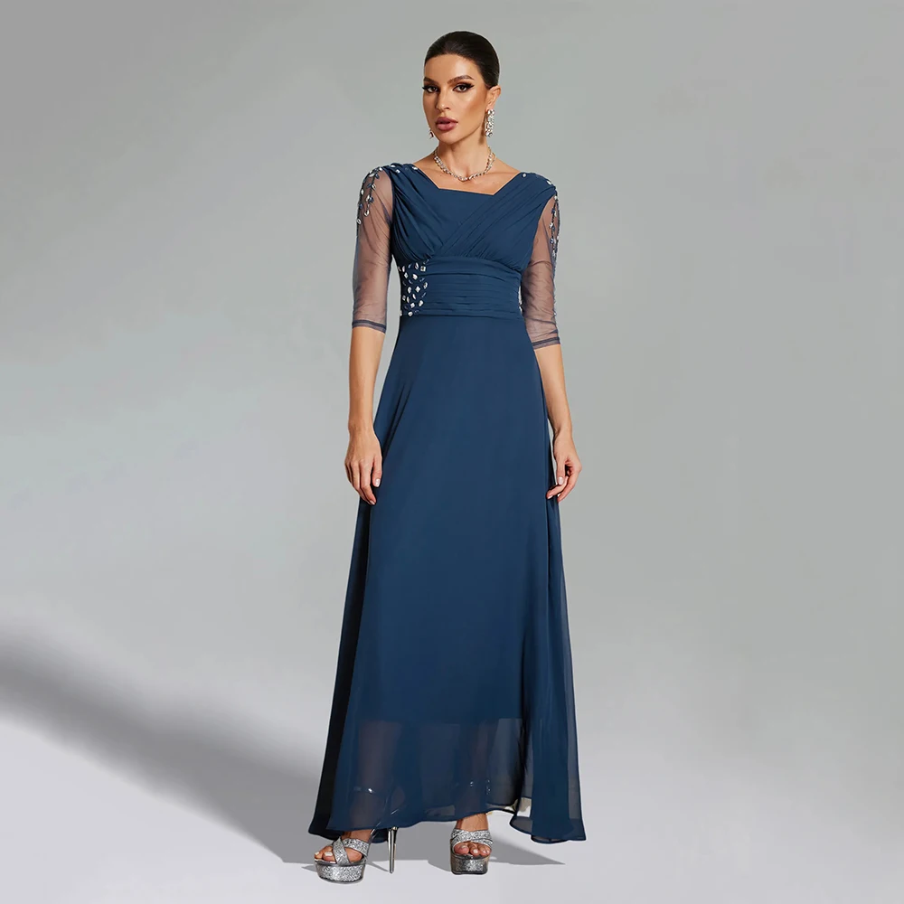 

Customized Square Collar Chiffon A-line Evening Dress ILLUSION Half Sleeves With Crystal Party Dress Tea-Length Prom Gown