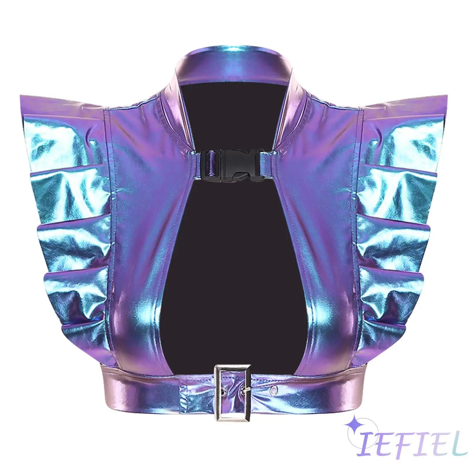 

Womens Metallic Shoulder Armor Ruffled Trim Crop Top Front Cutout Adjustable Bottom Straps Vest Top Disco Jazz Dance Costume