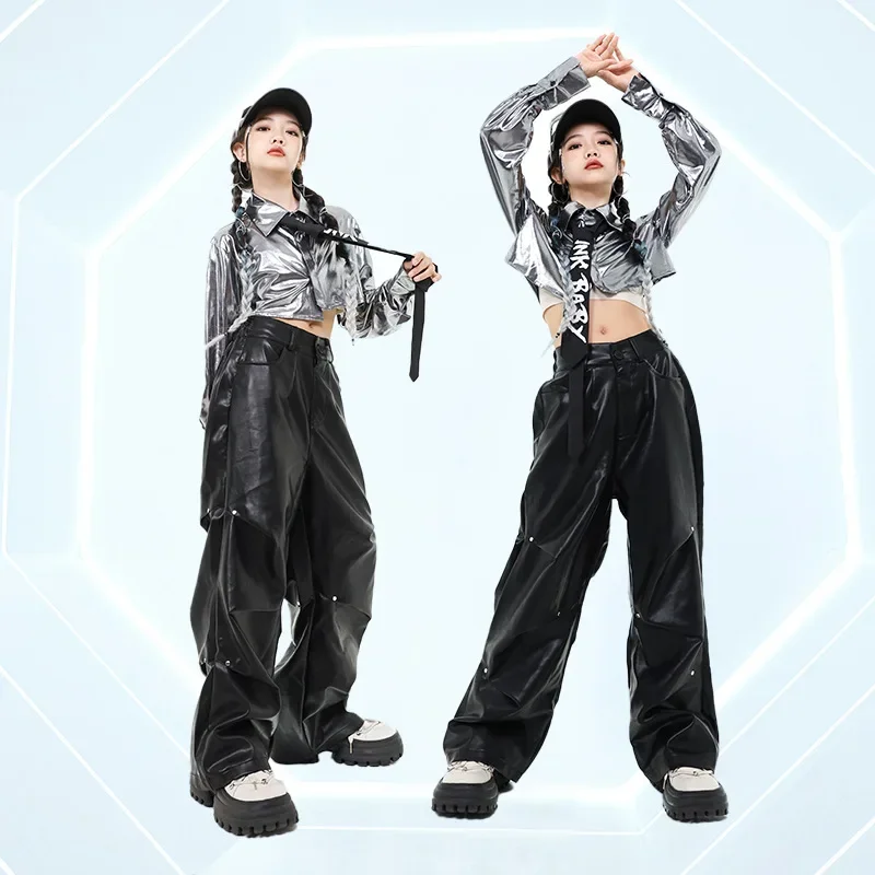 

Girls Hip Hop Silver Crop Shirt Street Dance K-pop Leather Pants Boys Cool Jacket Clothes Sets Kids Child Jazz Shiny Streetwear