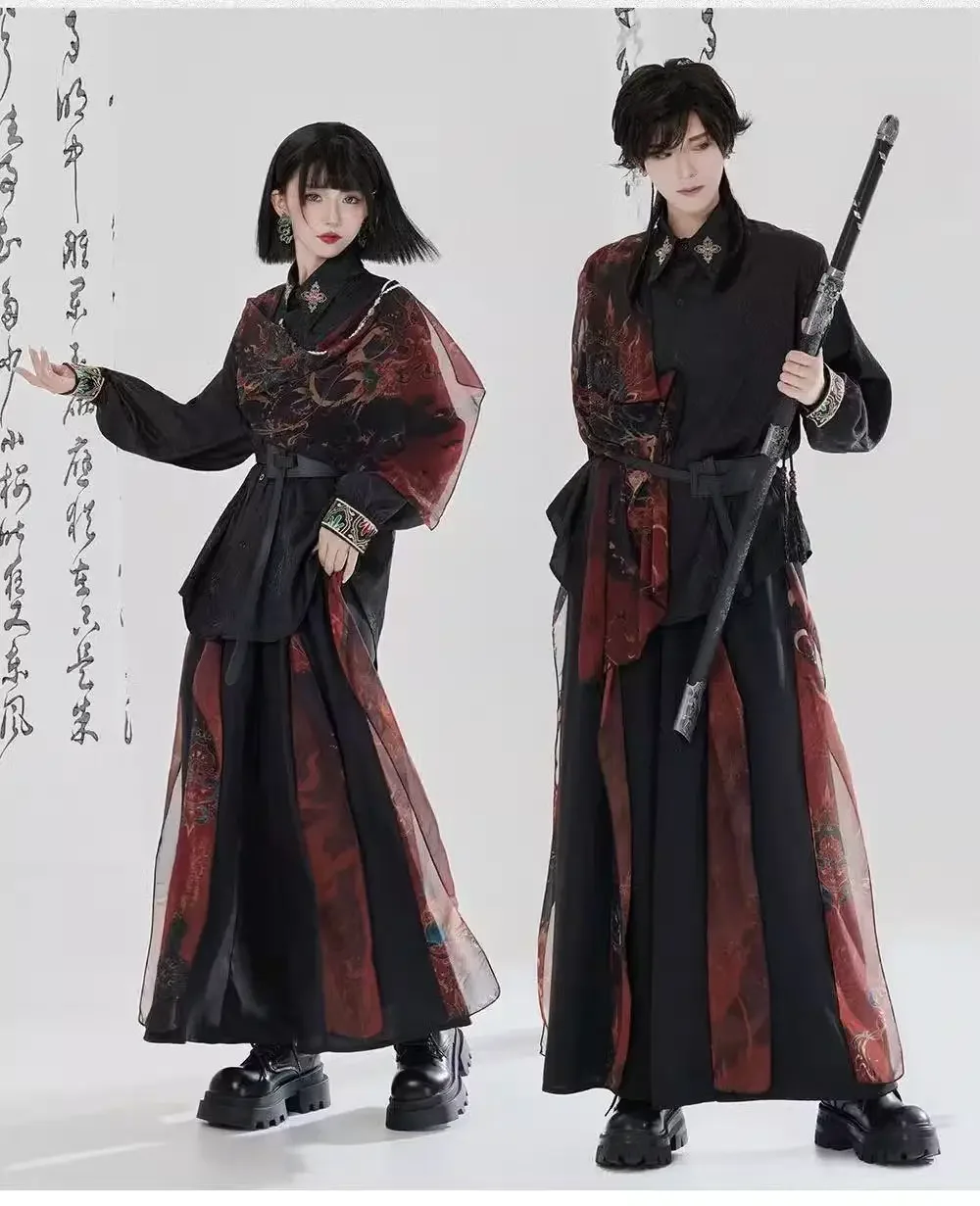 

New Chinese Style Swordsman Costume Upgraded Embroidery Shirt Stylish Cool Black Street Skirt Pants Han Niche Bisex