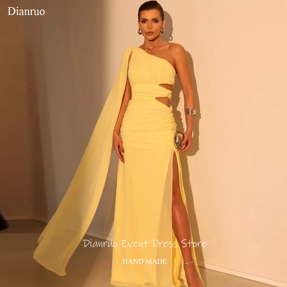 

Dianruo Sexy Cut Out Evening Dress Flowy Side Slit Vestidos De Festa One Shoulder Yellow Chiffon Vestidos De Gala Customized
