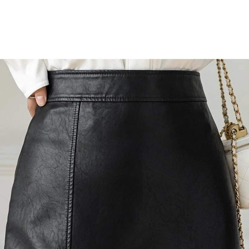 Coffee Work Faux Leather Skirts for Women High Waisted Trendy Elegant Party Women's Spring Bodycon Black Midi Skirt with Slit