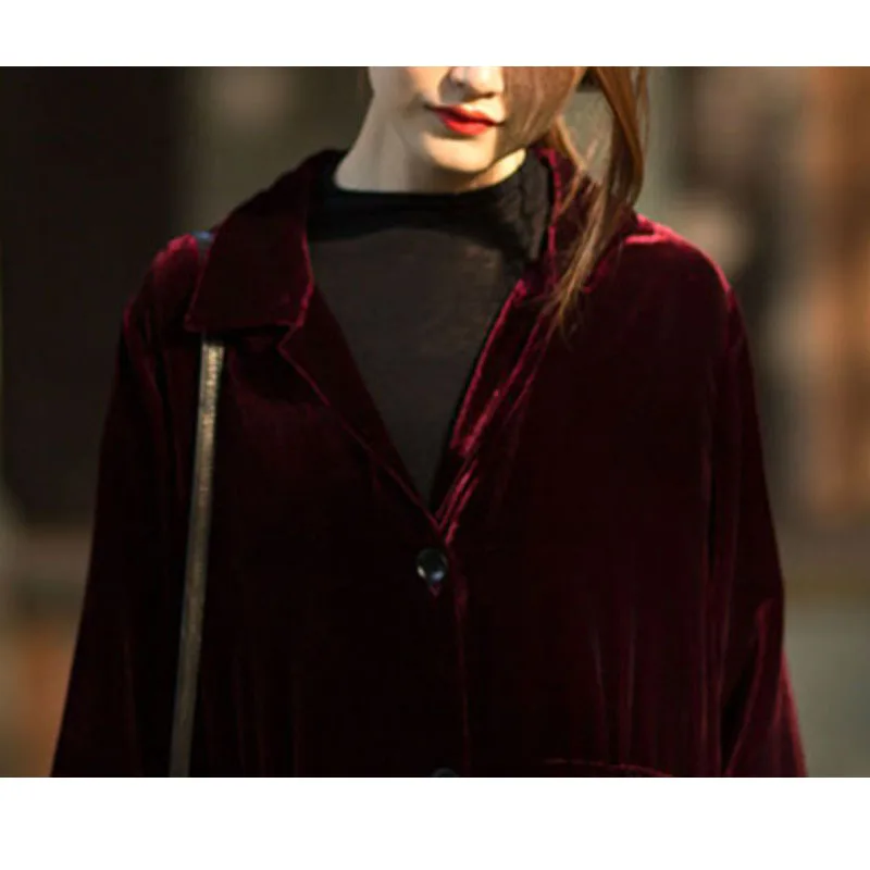 Original Design Real Silk Velvet Spring Autumn Lady Cardigan Dress Temperament Generous Personality Long Skirt Wine Red Noble