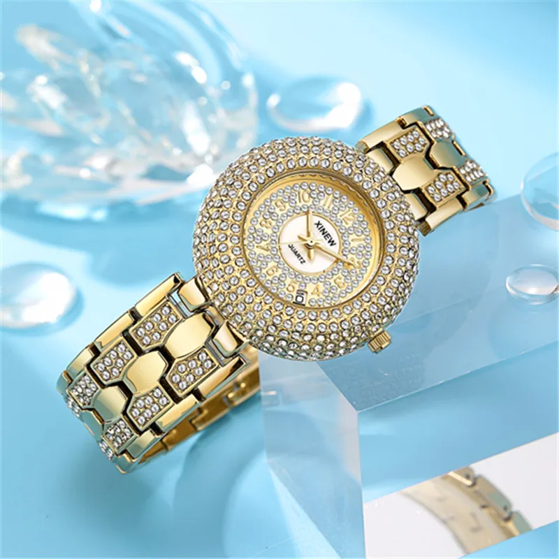 Girls Big Brand Golden Watches Women Fashion Alloy Band Full Diamond Luxury Date Quartz Wrist Watch Silver Femmes Montres Mode