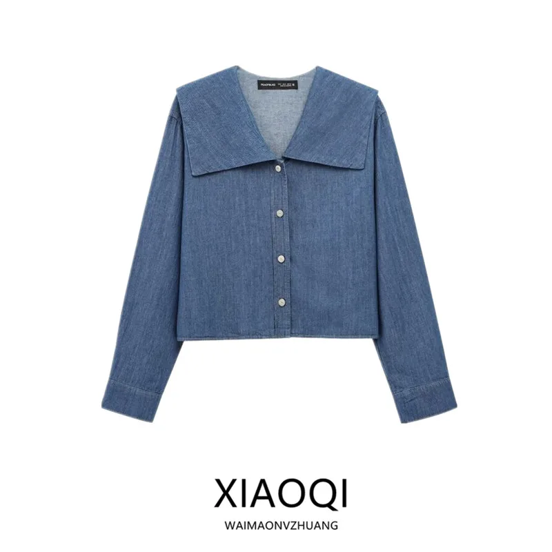 

Spring 2025 Women's Denim Effect Cotton Long Sve irt Flat Collar New Arrival Versatile Loose Fit Regular Length Premium ...