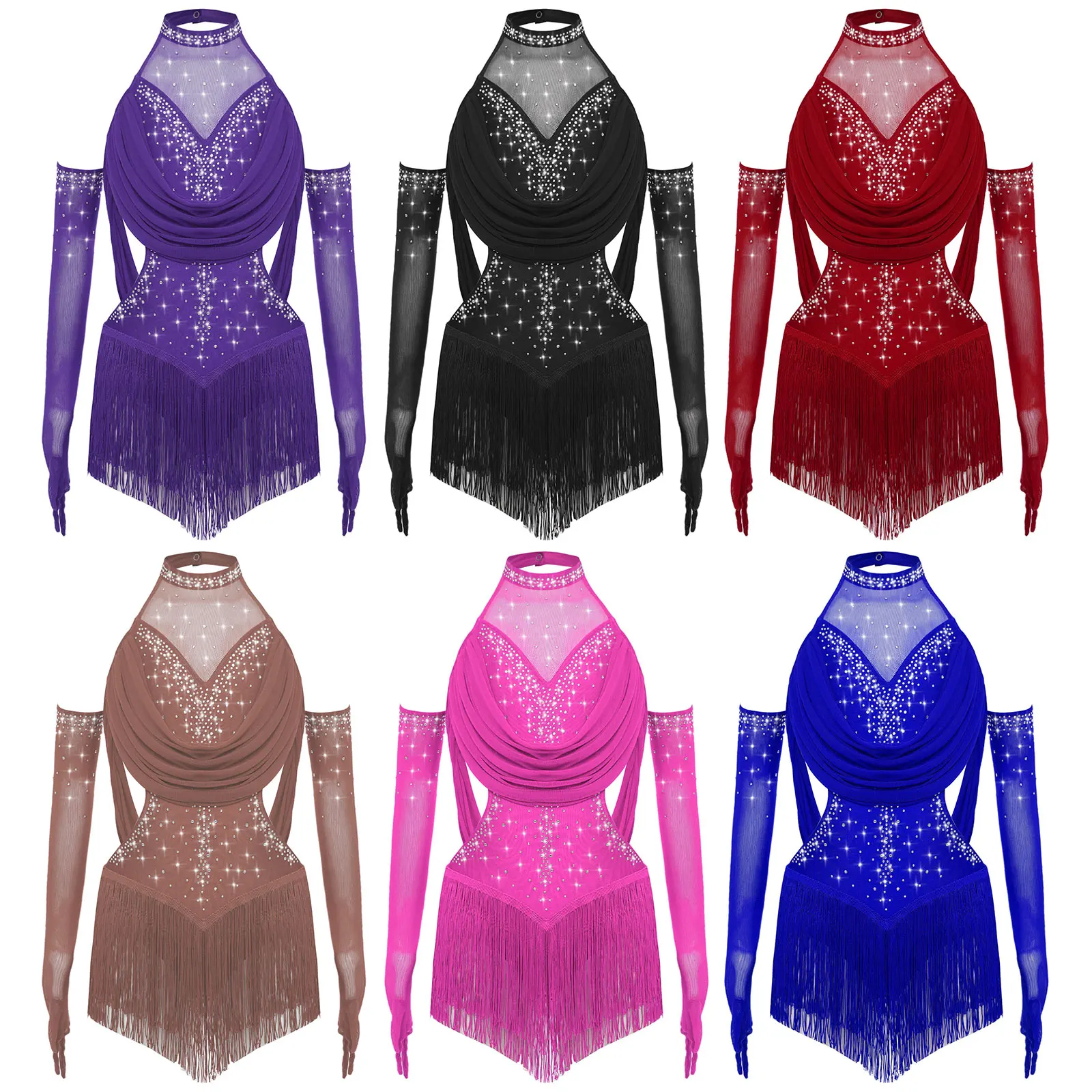 Girls Latin Dance Costume Ruched Mesh Drapes Cutout Tassel Glittery Rhinestones Leotard with 1 Pair Mesh Gloves Latin Dancewear