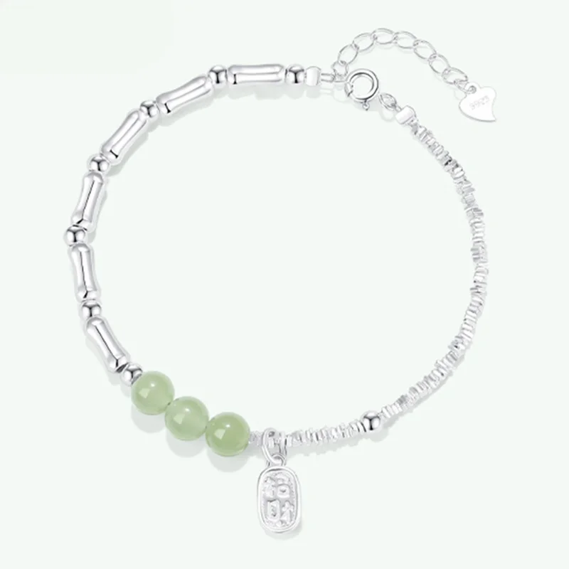 

Браслет из стерлингового серебра 925 пробы с бамбуковыми соединениями из натурального нефрита Хэтянь — ювелирные изделия ручной работы, идеальный подарок на день рождения для девочек