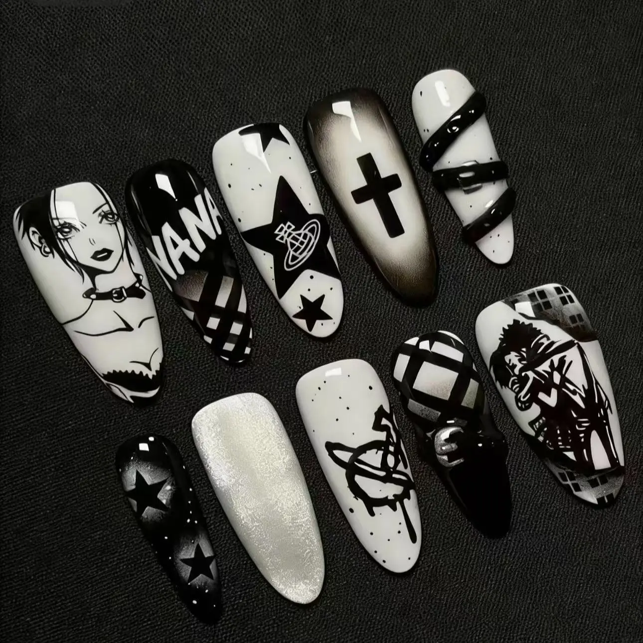NANA Punk Style Nails Dark Aesthetic Long Almond False Nails Unique Cool Fashion Anime Inspired Reusable Nail Decor For Women