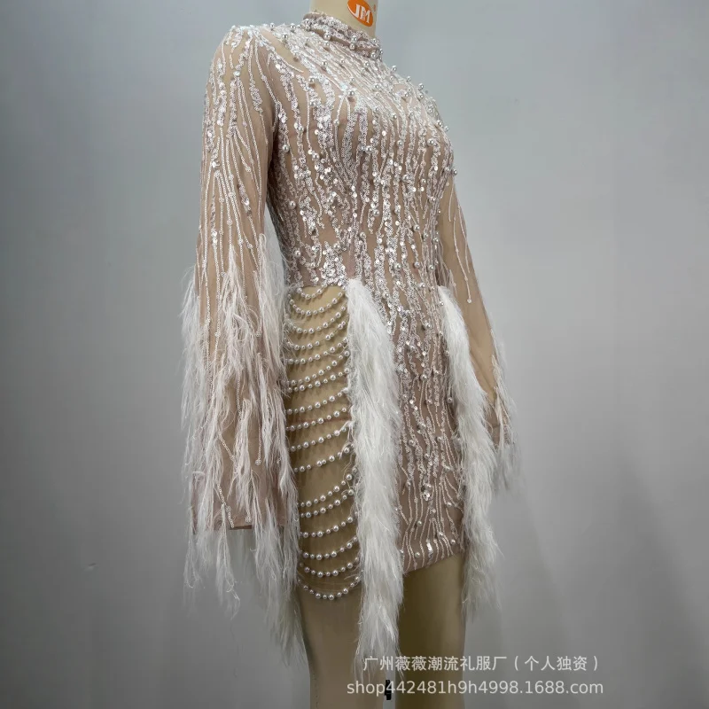 

New Arrival Women's Fashion Sequin Round Neck High Waist Beaded Feather Sexy Party Cocktail Short Evening Dress