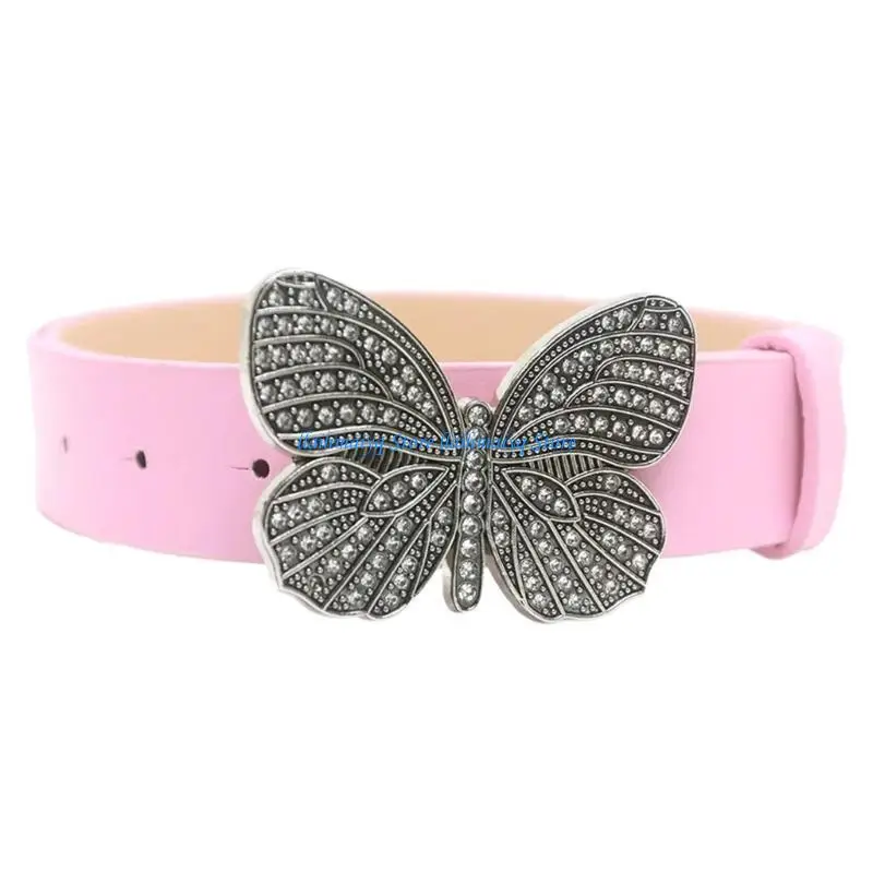 

573B Girls PU Belt with Diamond Butterfly Buckle Waist Belt Fashion Enthusiasts Belt Coat Dress Female Wide Formal Waistband