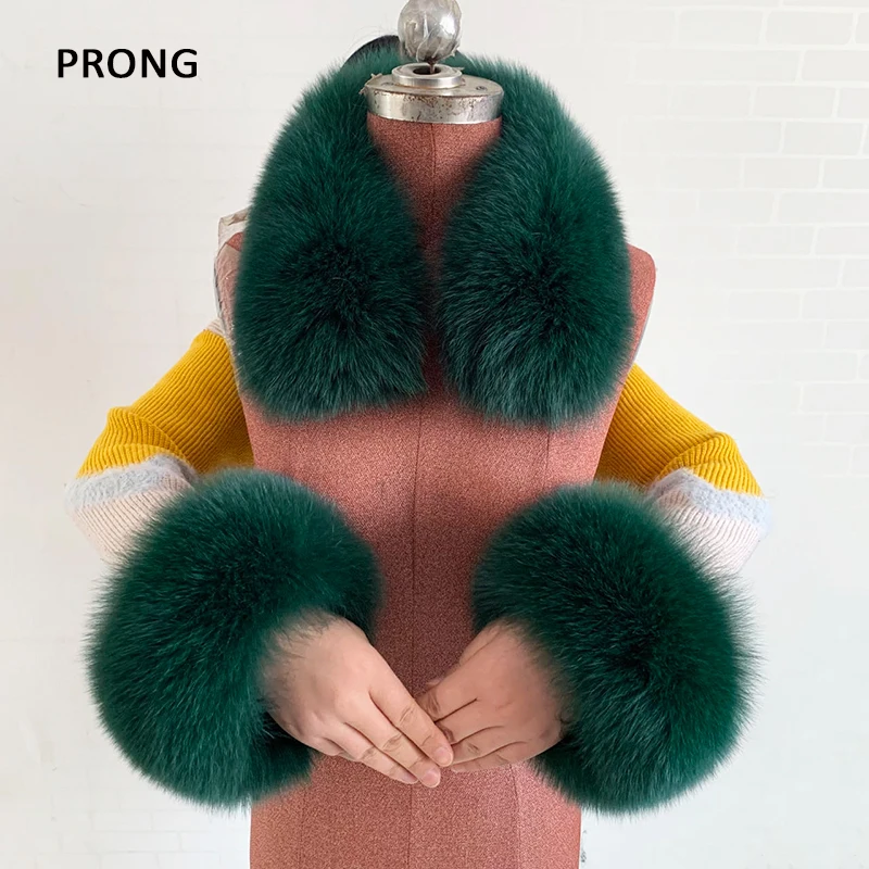 Natural Fox Fur Collar Real Fur Cuffs Set Winter Neck Warmer Fur Scarf Women Square Collar Cuff One Set Collocation Coat