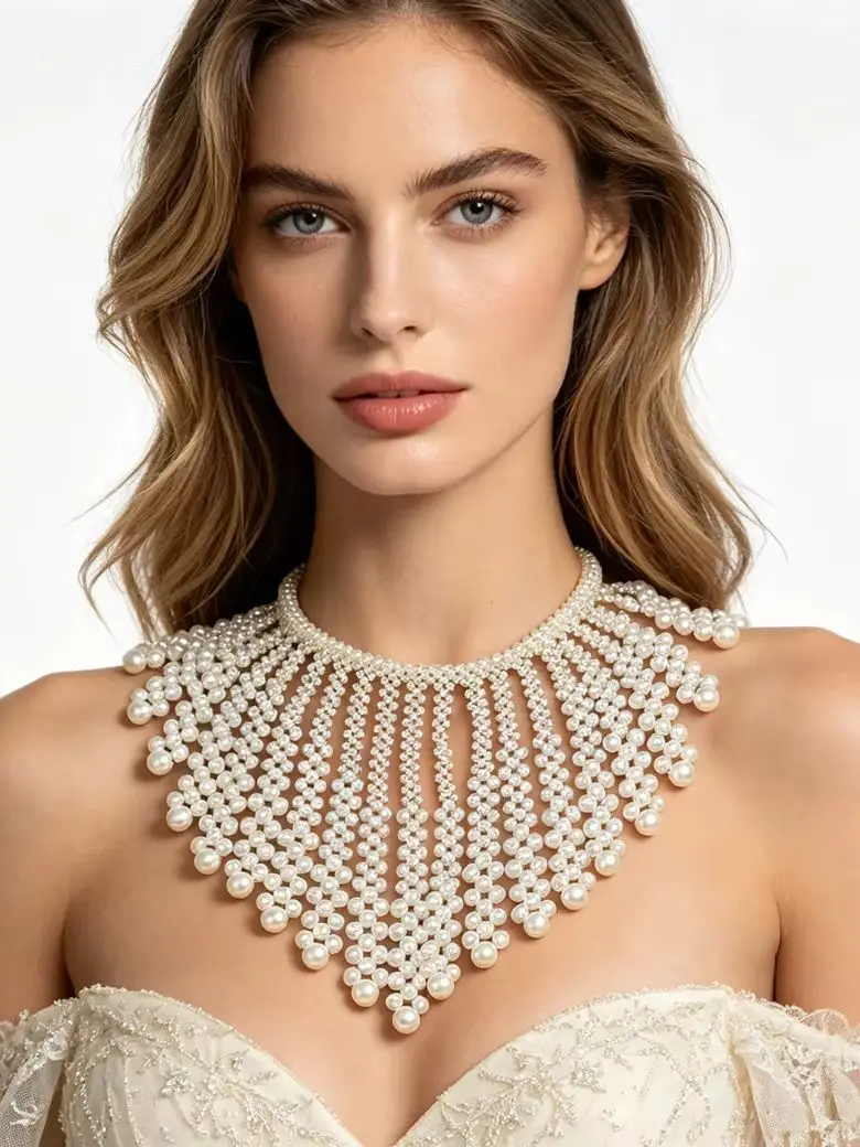 French Vintage Imitation Pearl Bridal Shawl Multi-Layer Tassel Beaded Ladies Large Collar Chain Wedding Shoulder Chain