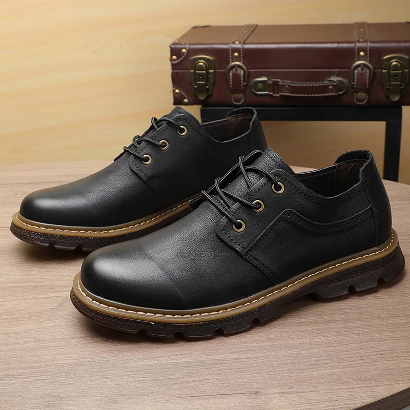 Genuine Leather Shoes First-Layer Cowhide Tendon Sole Casual Leather Shoes Thick Sole Soft Leather British Versatile Men\'s Shoes