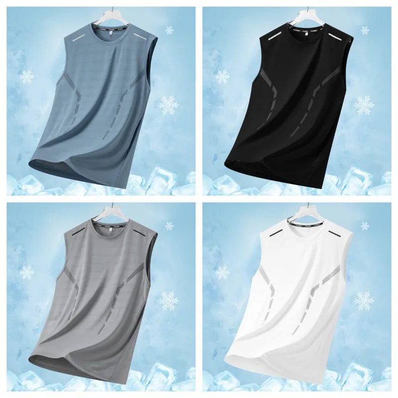 

Summer Men's Fashionable Ice Silk Sleeveless Quick Drying Vest for Outdoor Hiking Lightweight Breathable Sports Leisure T-shirt