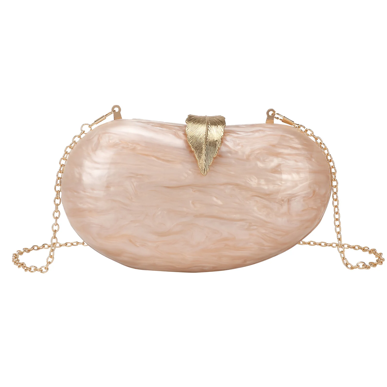 

New Designed Elliptical Acrylic Evening Bag with Leaf Lock Clasp Fashionable European Style Chain Shoulder & Handheld Ladies Bag