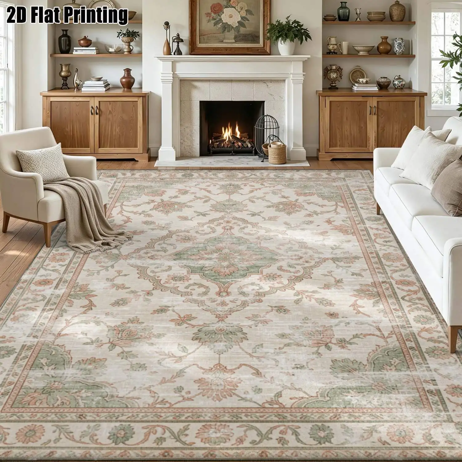 1Pc 2D Printed Beige Retro Floral European/Bohemian Retro Geometric Striped Carpet, Home Decor, Multi-Size, Machine Washable, for Living Room, Bedroom, Dining Room, Entrance, Study