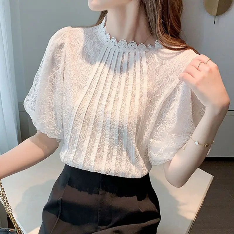 Zomer Vrouwen Lace Edge Waisted Korte Mouw Franse Koreaanse Commuter Losse Veelzijdige Chiffon Hollow Mesh Trui Stand Kraag