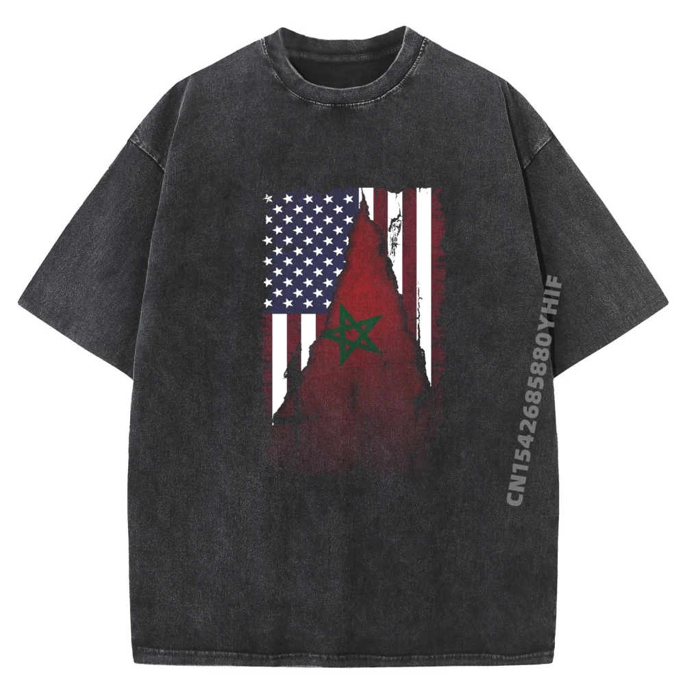 

Us And Morocco Flag T-shirts For Men Vintage T Shirts Fashionable and Trendy Custom Washed Tshirts Printed Clothes