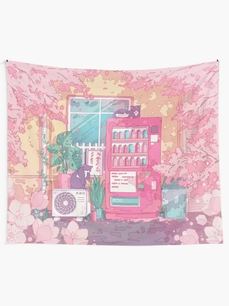 The stray cats, wending machine and pink cherry blossom Tapestry Bedroom Decor Aesthetic Wall Hanging Cute Decor Tapestry