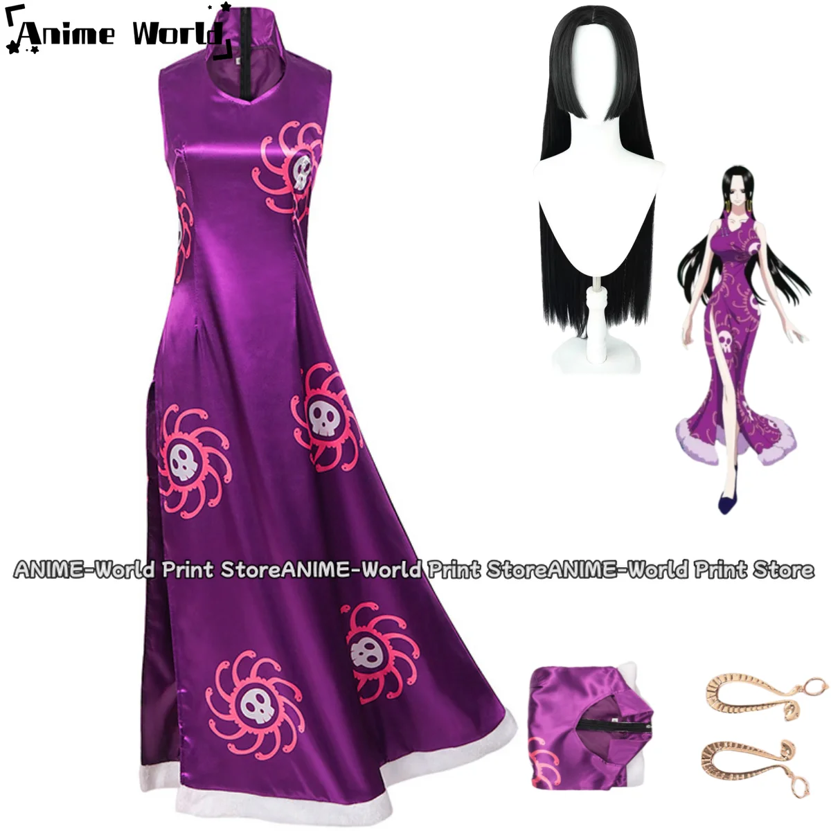 Anime Boa Hancock Cosplay Costume Warlords of The Sea Empire Purple Printing Chi-pao Dress Woman Sexy Carnival Halloween Suit