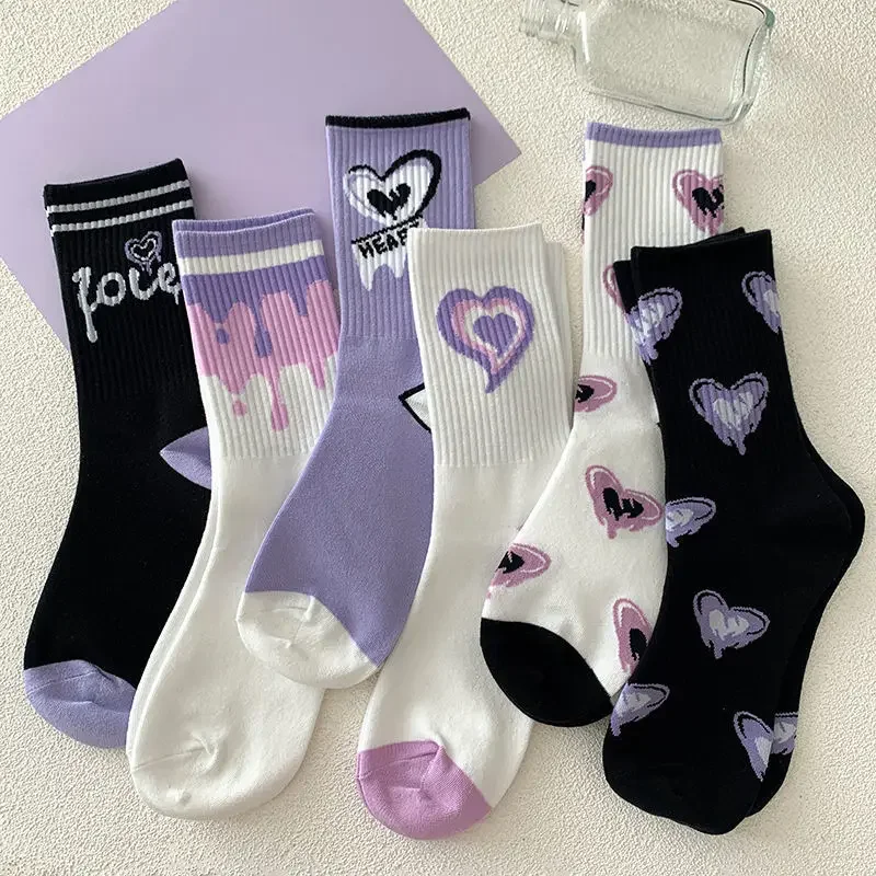 1/6 Pairs Love Print Socks Purple Women Socks Female High Beauty in Spring Summer Fried Street Middle Tube Socks Harajuku Medias