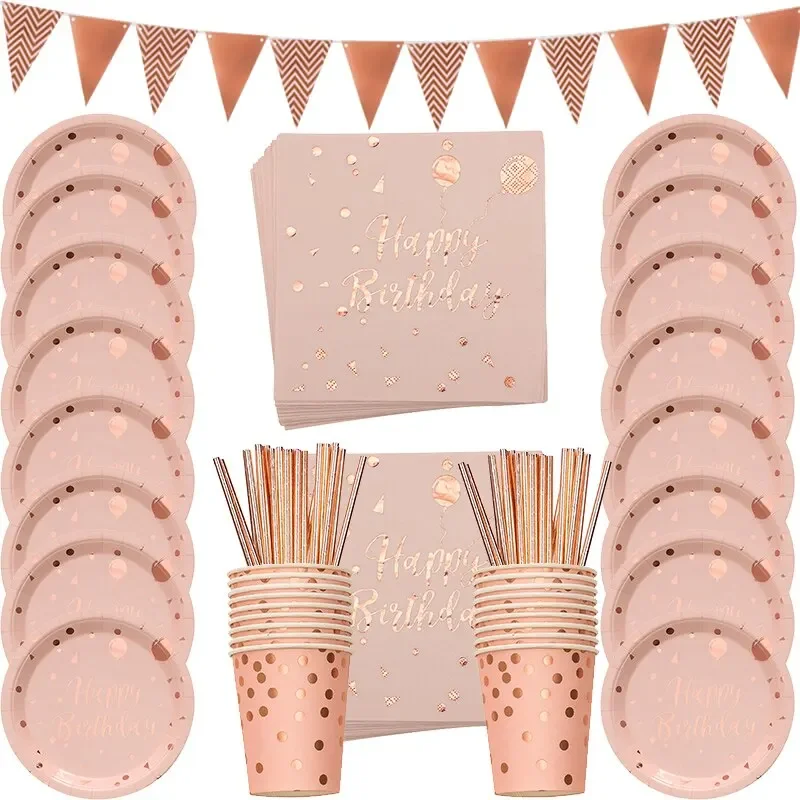 78pcs Rose Gold Birthday Decorations Disposable Tableware Set Paper Cup Plate Wedding Party Decorations Kids Babyshower