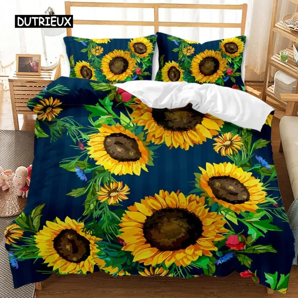 Sunflower Duvet Cover Set Yellow Flower Bedding Set Sunflower Botanical Floral Garden Bloom Print on Black Quilt Cover