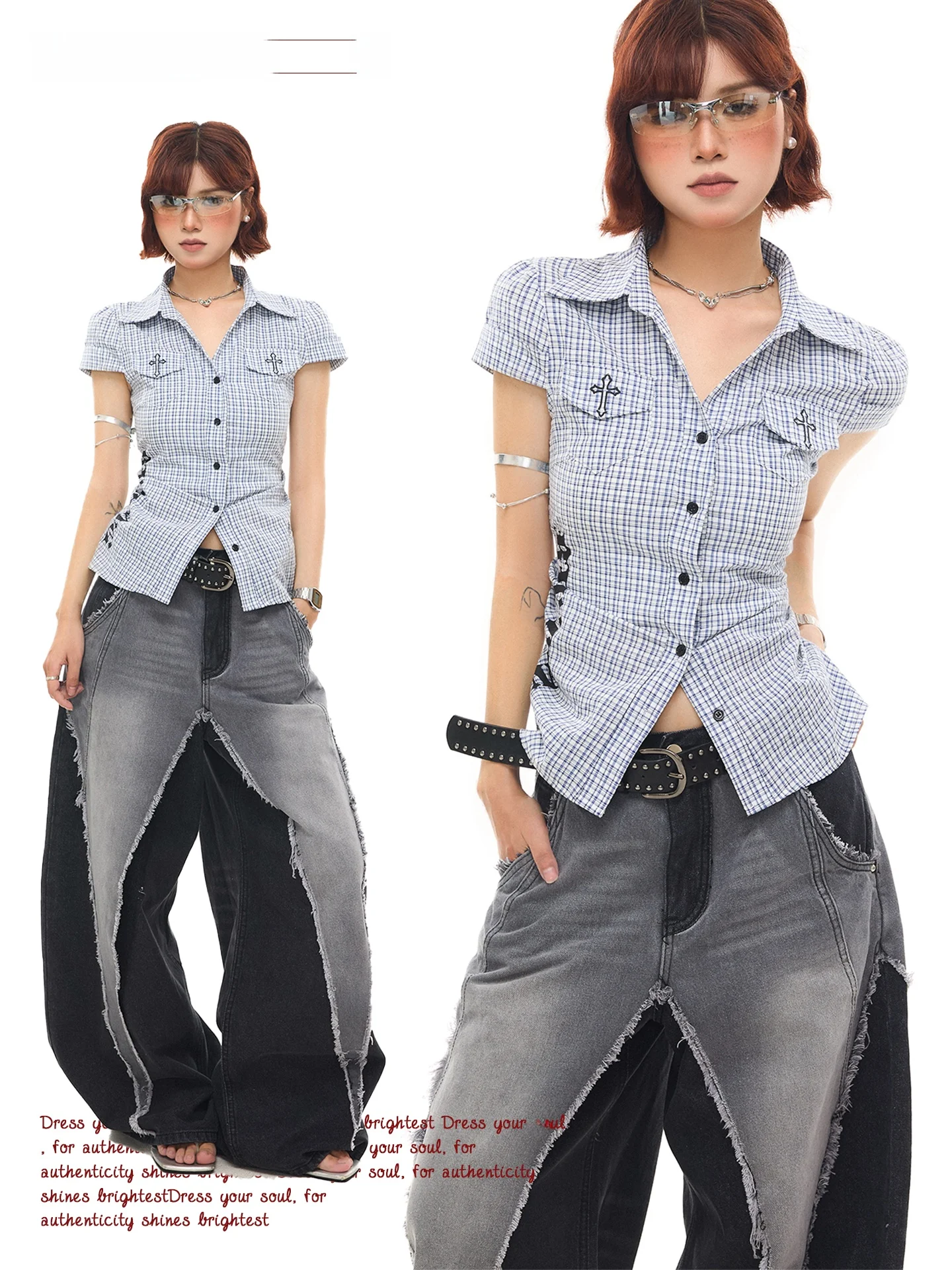 

Chen Sticky Old Store American Cross Letter Print Plaid Slim Fit Short Shirt Women Summer Spicy Girl Waist Cinching Shirt