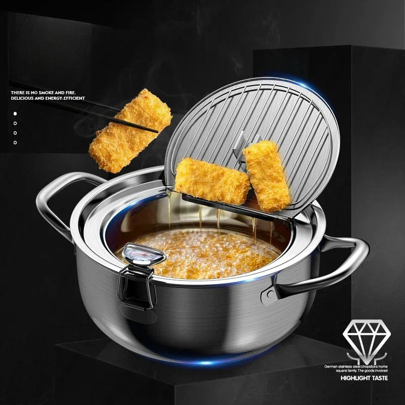 Waroom Lmssq Japanese Deep Frying Pot with a Thermometer and a Lid 304 Stainless Steel Kitchen Tempura Fryer Pan 20 24 cm