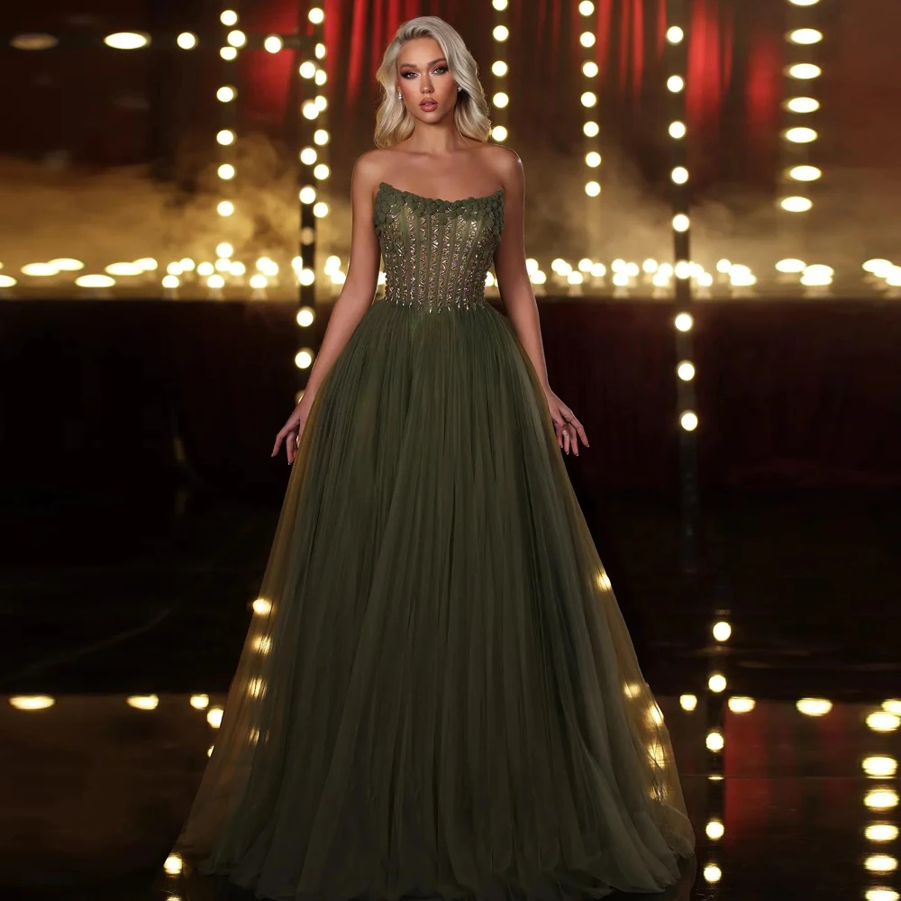 Vintage Crystal Prom Dresses Strapless A Line Tulle Formal Dress Beading Corset Long Vestidos De Novia for Women