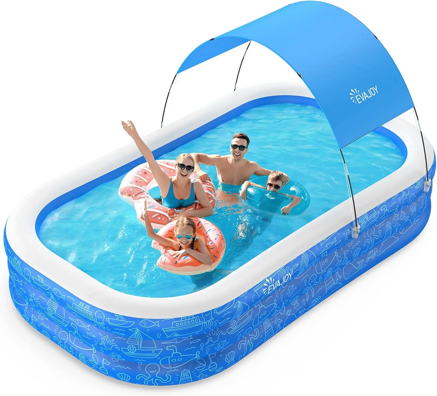 

Large Inflatable Swimming Pool with Canopy, Kiddie Pool with Sun Shade, Blow Up Pool for Backyard, Garden, Age 3+, Blue