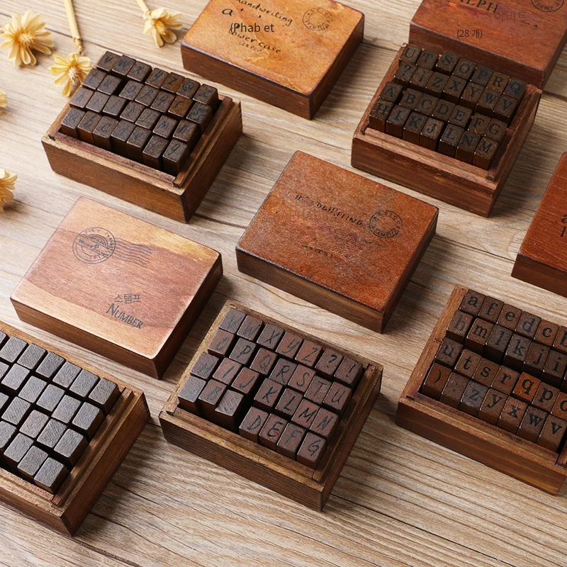 28pcs Alphabet Number Week Stamps Vintage Wooden Letter Stamp Set for Craft Card Making Planner Scrapbooking Journals