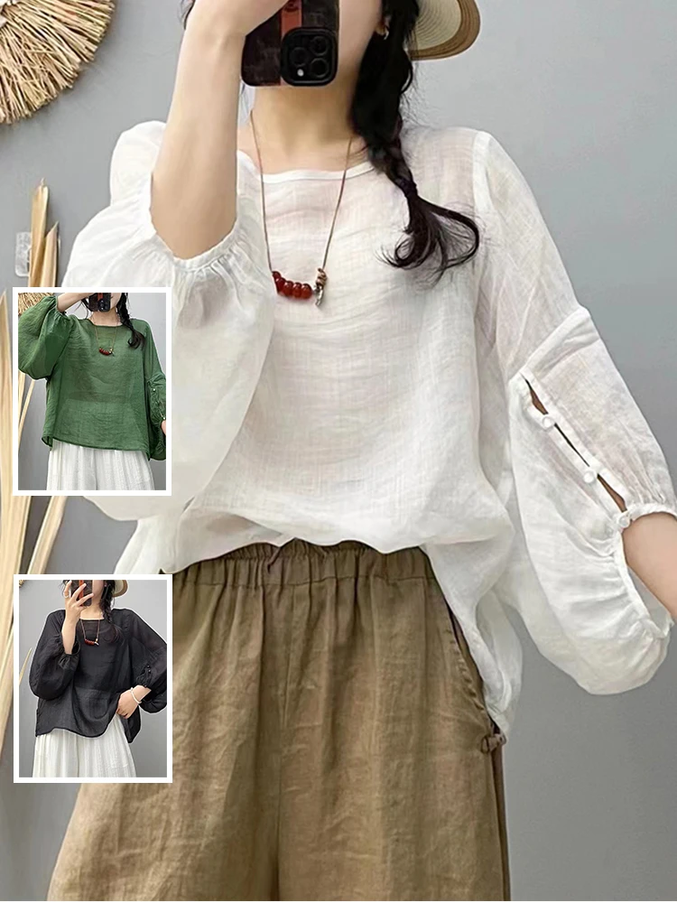 

Легкая приталенная футболка с круглым вырезом и рукавами-фонариками, однотонная, с пуговицами, повседневная, из смесового хлопка, летний топ для больших размеров