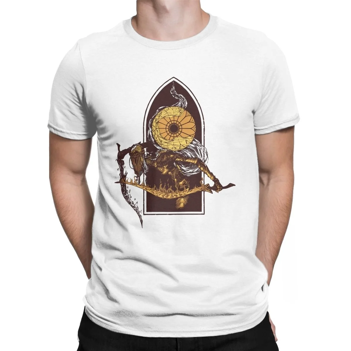 Мужские футболки Outrider, креативная хлопковая Футболка с принтом рыцаря, солнца асторы, классические футболки с темными душами, одежда с круглым вырезом