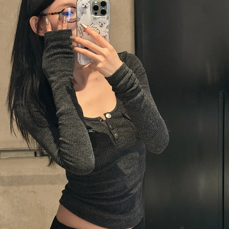 Genayooa Korean Vintage Cotton T Shirt Women Long Sleeve Skinny Y2k American Retro 90s Crop Tops Streetwear Pocket Tee Tops