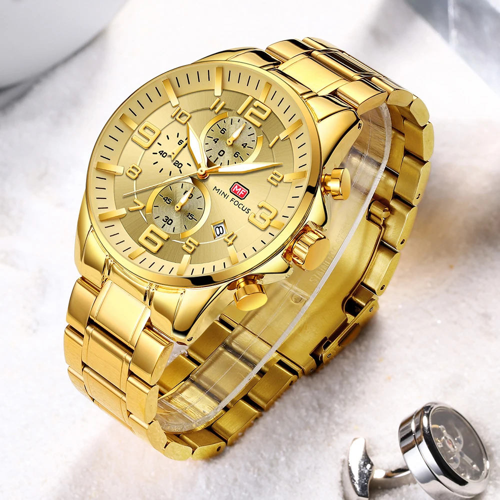 MINI FOCUS Royal Quartz Mens Watches Top Brand Luxury Waterproof Gold Waterproof Watch Stainless Steel Strap Luminous Hands 0278