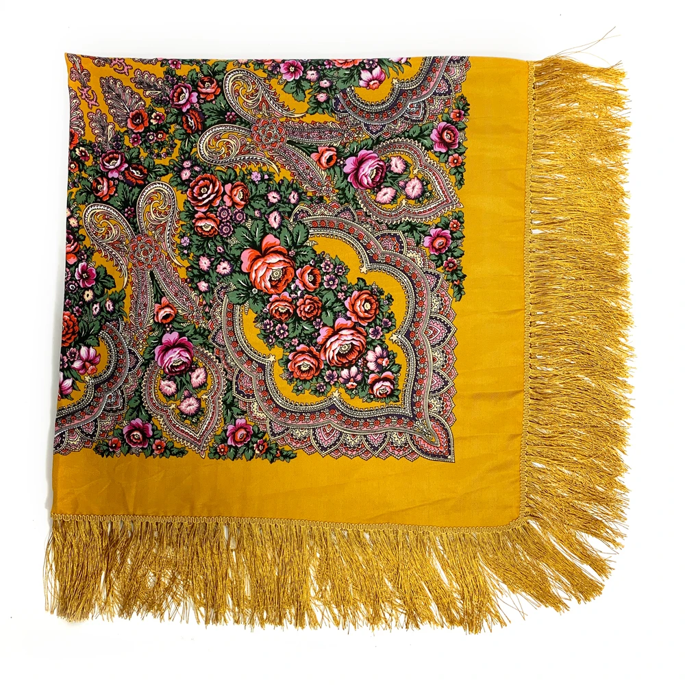 135*135cm russo feminino lenço quadrado luxo floral impressão franjas bandana xale babushka hijab lenço outono inverno xales